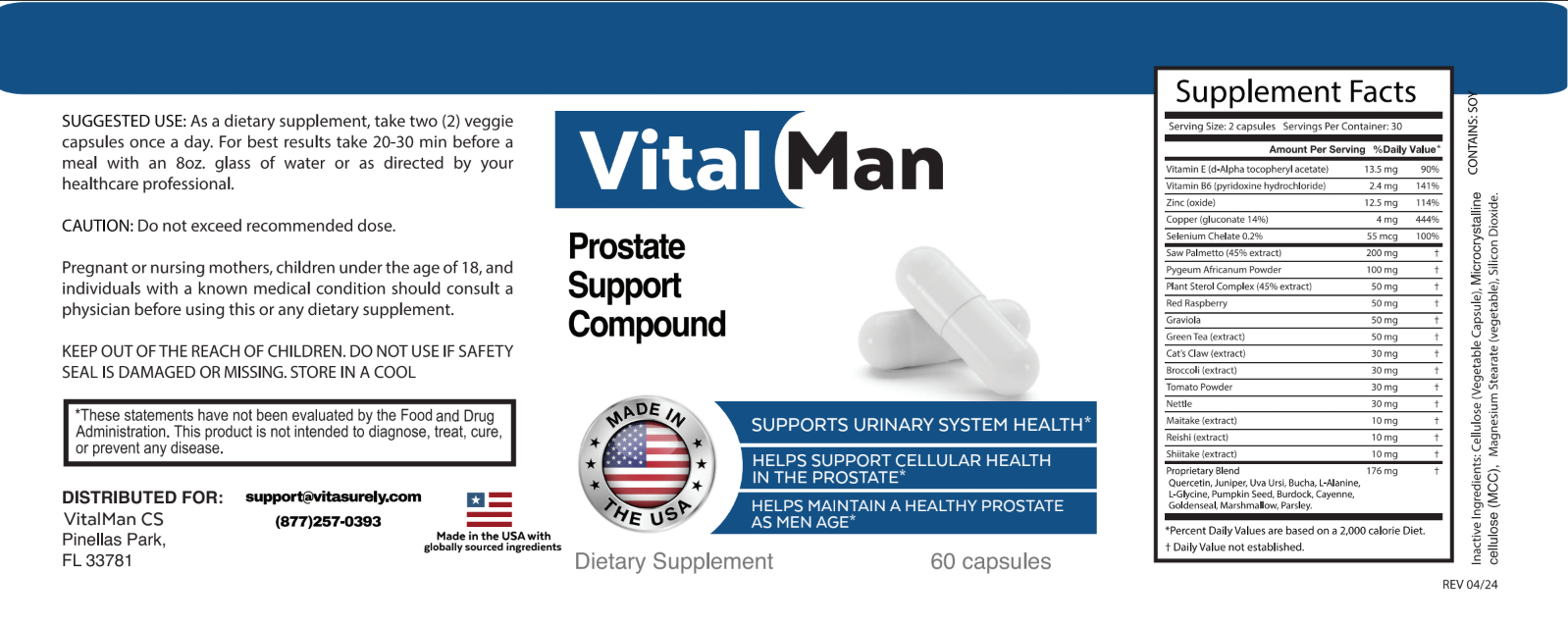 Vital Man vitamin facts label